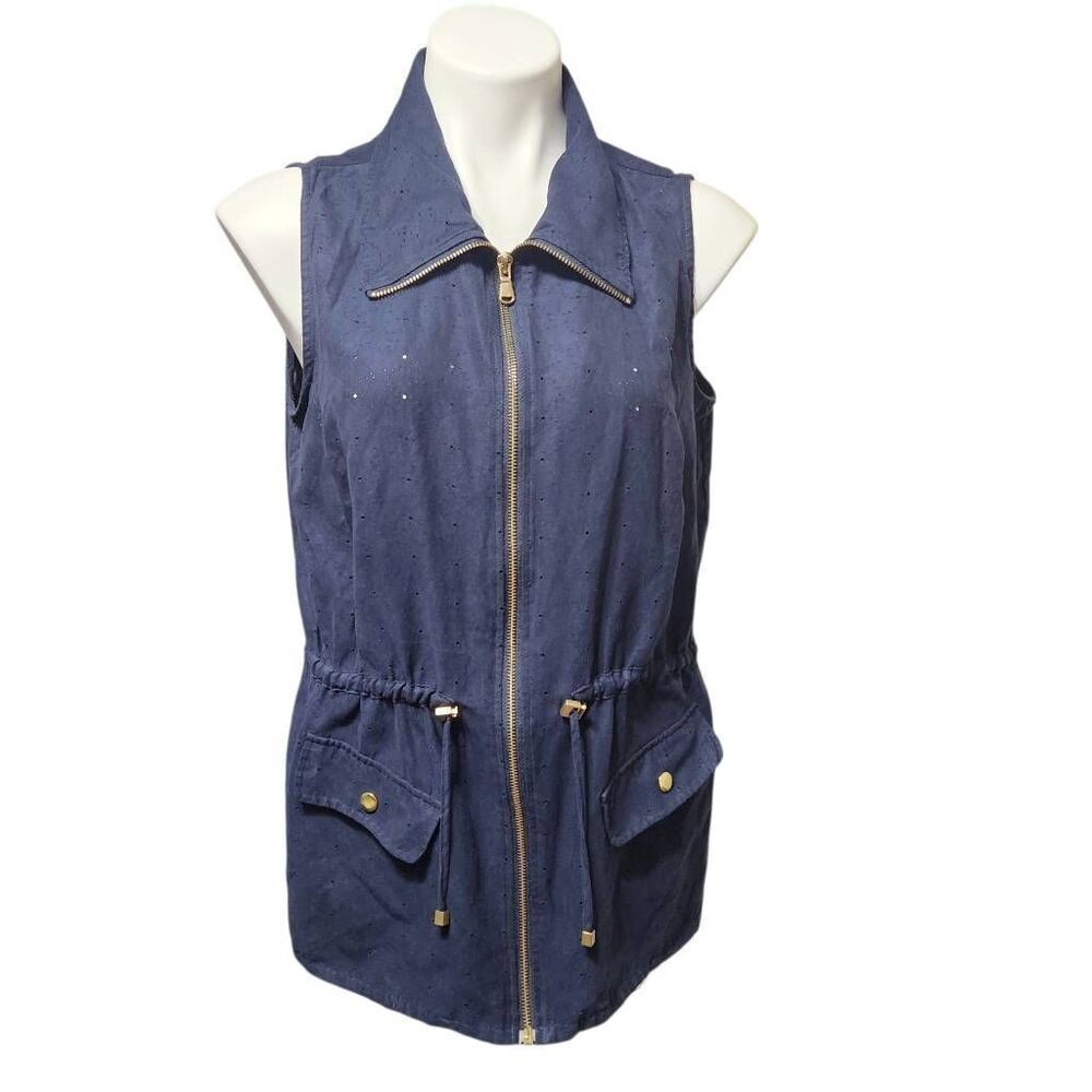 Chico's perforated vest adjustable waist blue pockets zip front‎ medium 2